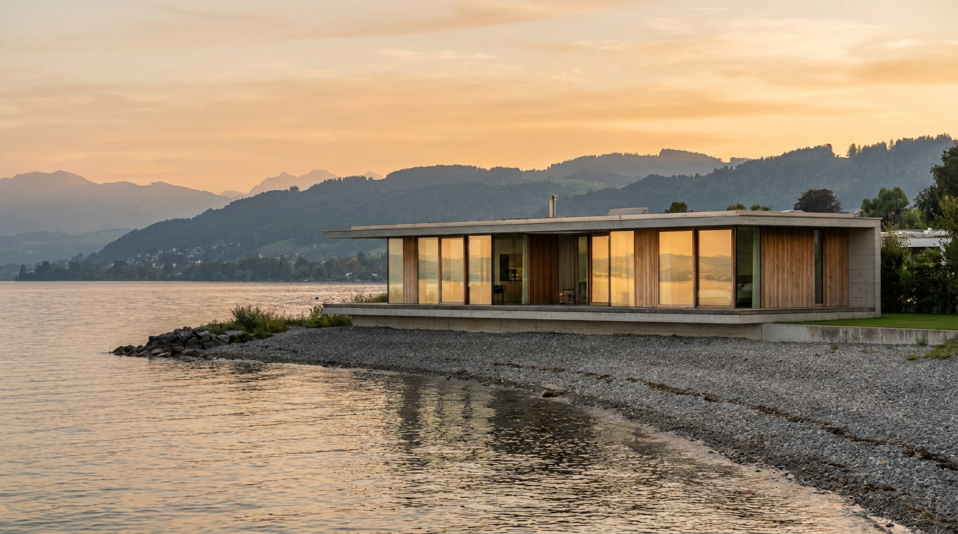 Moderne Architektur eines Einfamilienhauses am Schweizer Ufer des Bodensees, im Hintergrund das ruhige Wasser bei Sonnenuntergang.