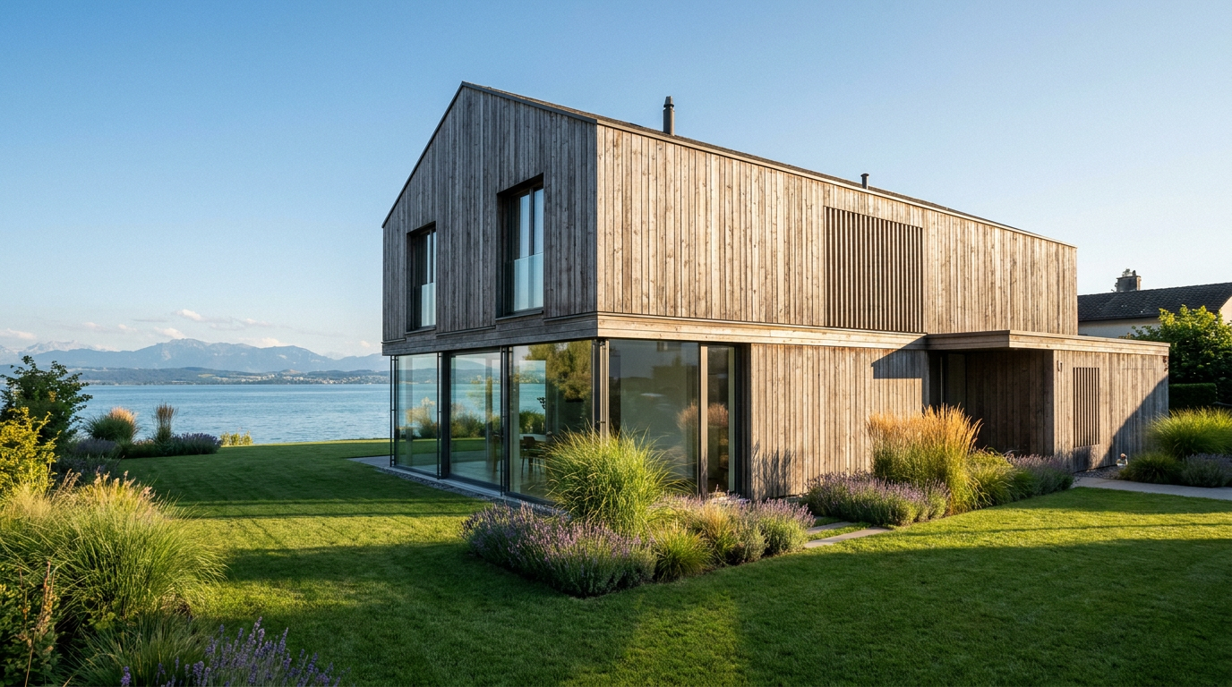 Modernes Einfamilienhaus mit gepflegtem Garten am Schweizer Ufer des Bodensees, im Hintergrund die Stadt Romanshorn.