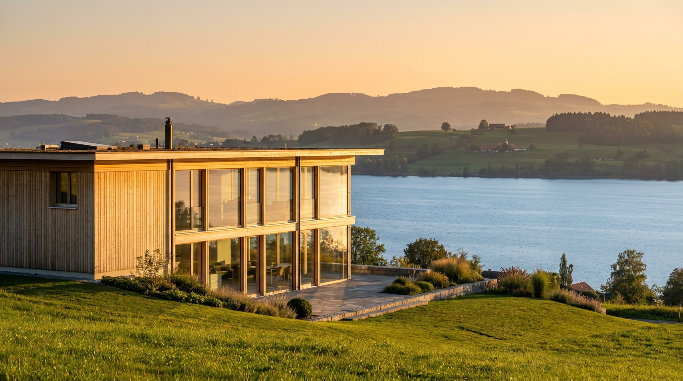 Moderne Villa am Hang mit Blick auf den Bodensee in der Ostschweiz, die den stabilen Immobilienmarkt in St. Gallen und Thurgau symbolisiert.
