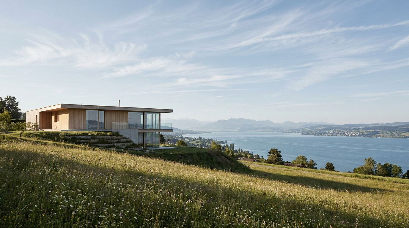Moderne Einfamilienhäuser mit gepflegten Gärten am Hang mit weitem Blick über den Bodensee in der Ostschweiz.